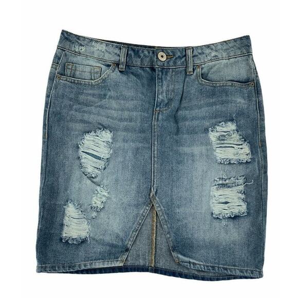 Vanilla Star Medium Wash Denim Distressed Pencil Straight Jean Skirt Size 7/8 - Picture 5 of 10